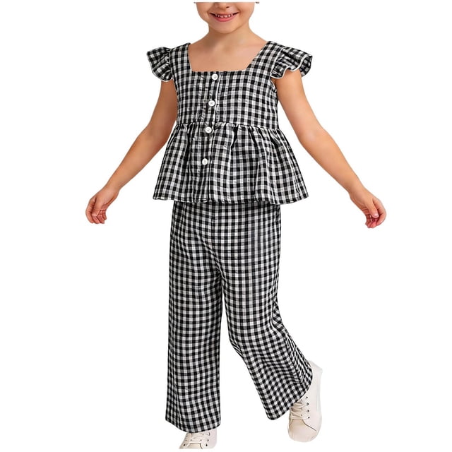 Pounoo Womens Matching Sets Gingham Print Ruffle Sleeve Peplum Top Wide Leg Pants Cute Daily Style (For Small Wearers) Gift
