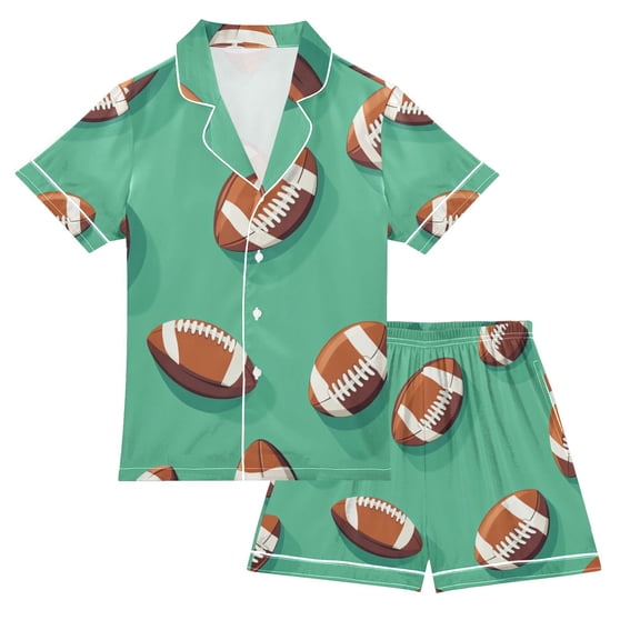 FORMRS Kids Short Sleeve Top and Pants Pajama Set Unisex Satin 2-Piece Sleepwear, Sizes 5-6Y, Green American Footballs