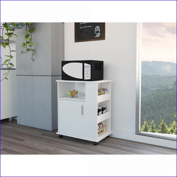 Kitchen Microwave Cabinet with Single Door & 3 Side Shelves - White | Modern | Particle Board