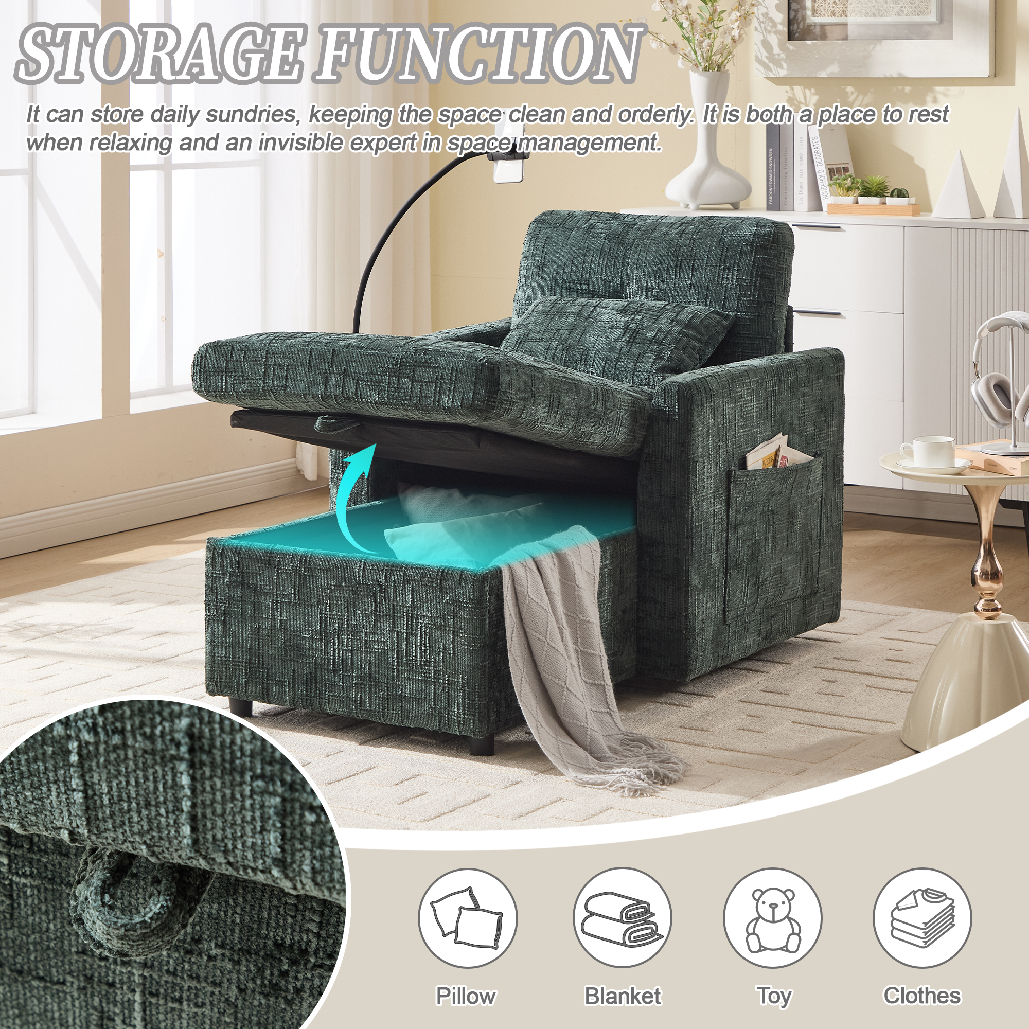 MOONMISS Chenille Upholstered Storage Lazy Single Leisure Chair Sofa with Phone Holder&Side Pocket-Emerald