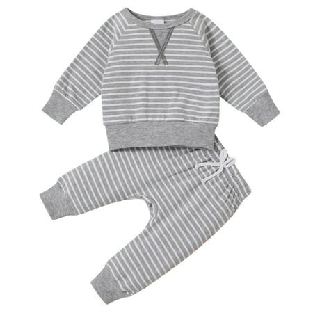 

Qufokar Warm Baby Clothes Baby Fleece Boy Sweatshirt Kids Baby Boys Girls Striped Patchwork Long Sleeve Blouse Tops Cotton Elastic Waist Pants Trousers Sleepwear Pajamas Outfit Set 2Pcs Clothes