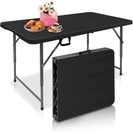 Distributors 4 Foot Portable Plastic Folding Table 4FT 48" Half Foldable Heavy Duty Top w/Carry Handle - Indoor Outdoor Backyard Camping Picnic BBQ Party Wedding Dining Office Event Meeting Black