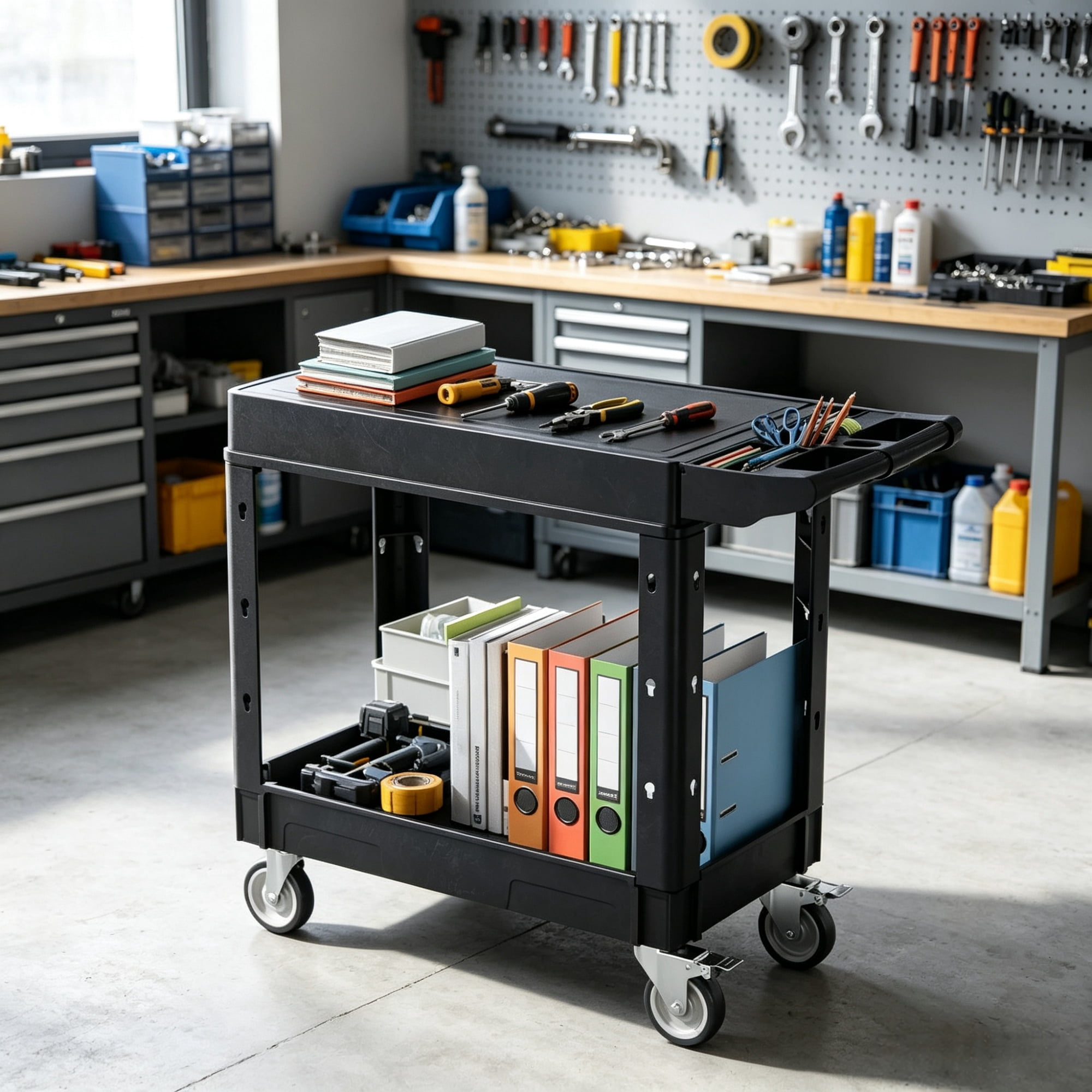 550lbs Utility Cart, 2-Shelf Heavy Duty Plastic Service Cart with 360° Swivel Wheels (2 with Brakes), Suitable for Warehouse, Garage & Cleaning, 31.3 x 17.7 Inch
