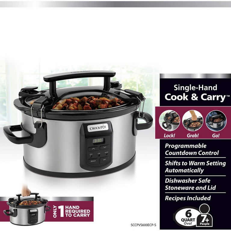 Crock-Pot 6 Quart Oval Cook and Carry Kitchen Slow Cooker, Stainless Steel  