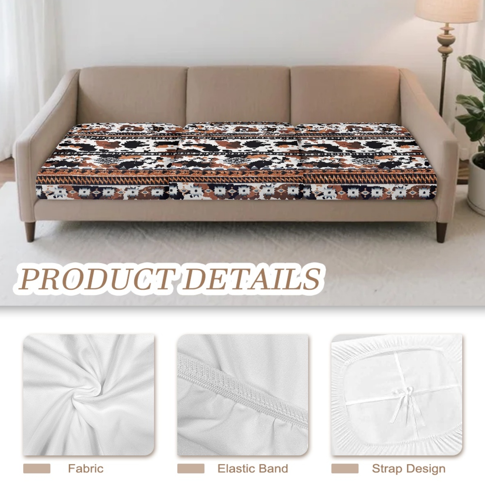 COEQINE Individual Seat Cushion Cover, Couch Cover for 3 Cushion Couch, Stretch Spandex Fabric Sofa Slipcover Pet Friendly Furniture Protector, 3-Seater, American Tribal Cow Print Brown Black