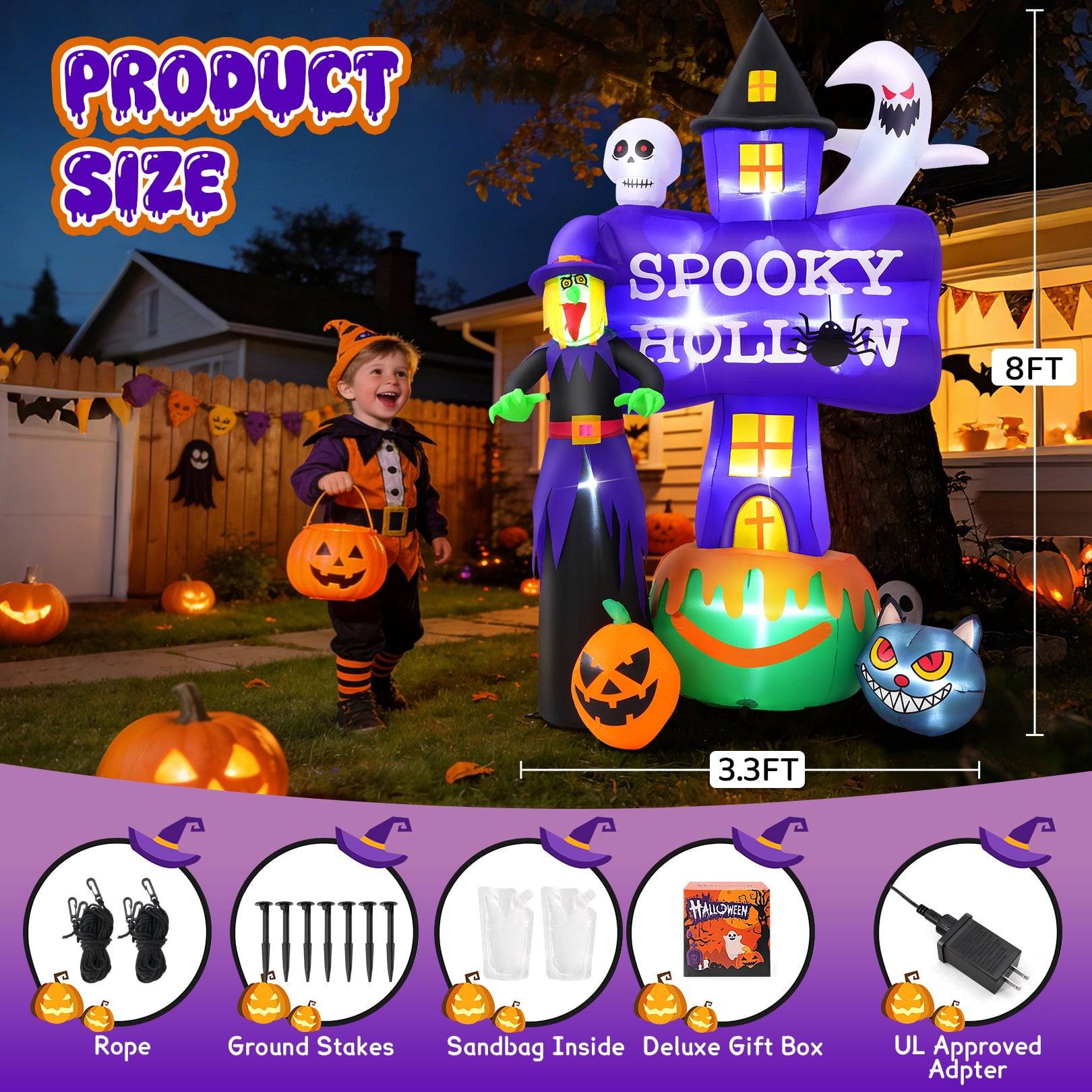 Funcid 8FT Halloween Inflatable Witch Decoration with LED Lights - Outdoor Blow Up Halloween Decor with Ghost & Tombstones for Yard