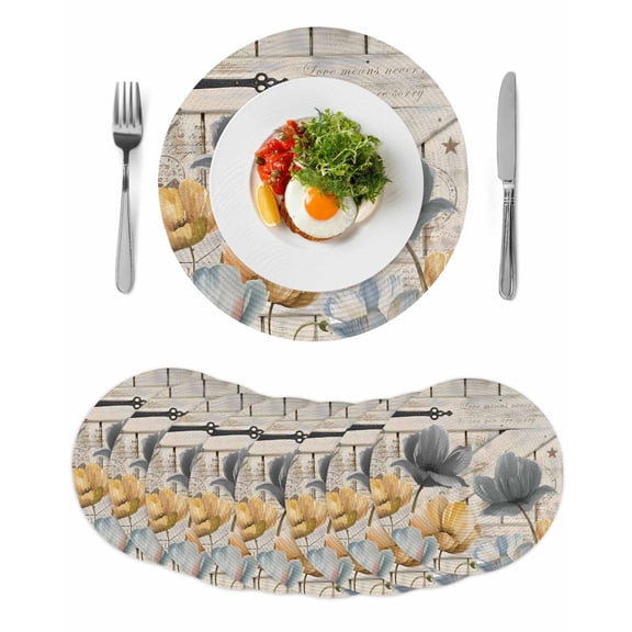 Spring Tulips Flower Round 15 Inch Placemats Set of 8, Vintage Floral Barn Doors Rustic Beige HeatResistant Non Slip Place Mats for Dining Table, Wipeable Braided Kitchen Table Mats for Housewarming
