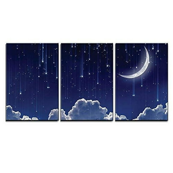 wall26 - 3 Piece Canvas Wall Art - Crescent Moon with Bright Falling Stars Above The Clouds - Modern Home Art Stretched and Framed Ready to Hang - 16"x24"x3 Panels