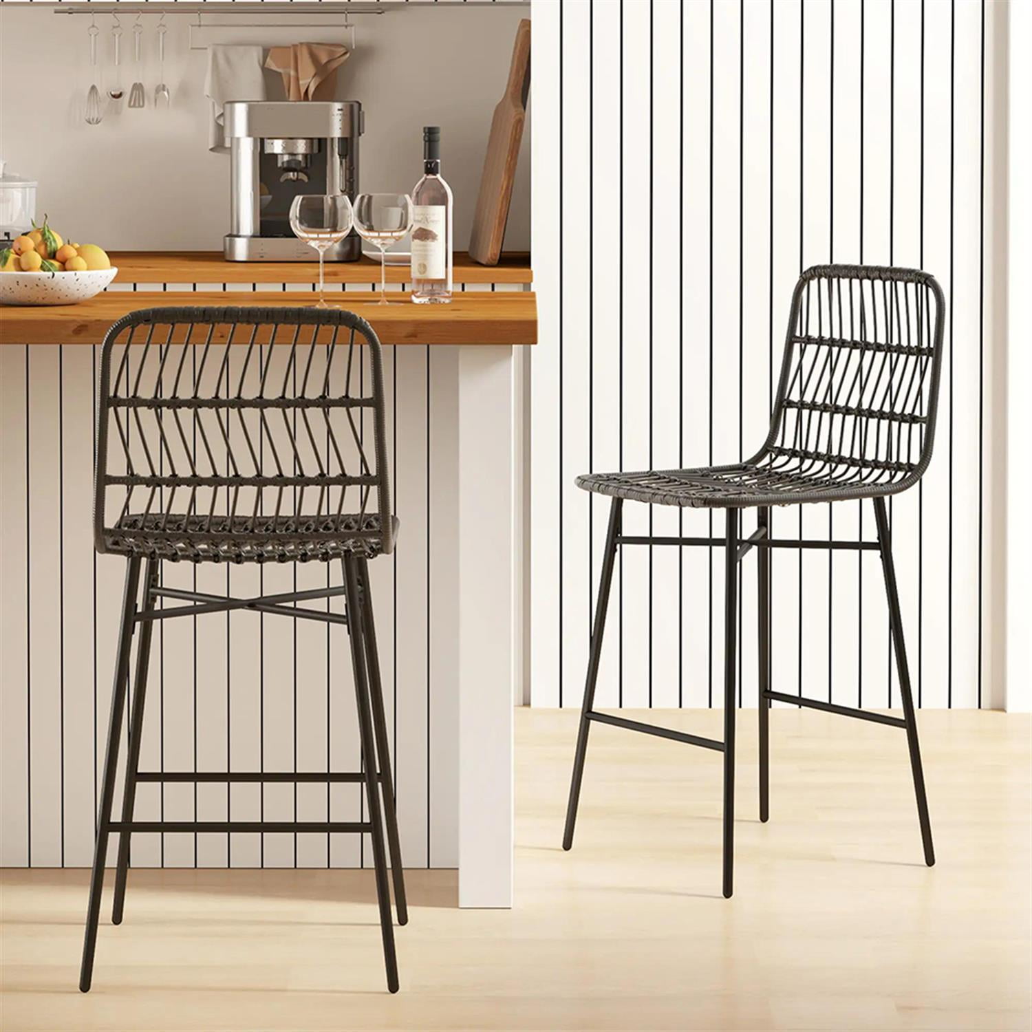 Demi Bonn Modern Rattan Counter Bar Stool Set of 2, 26" Counter Height Bar Stool with Back and Steel Legs for Kitchen, Dinning Room, Black