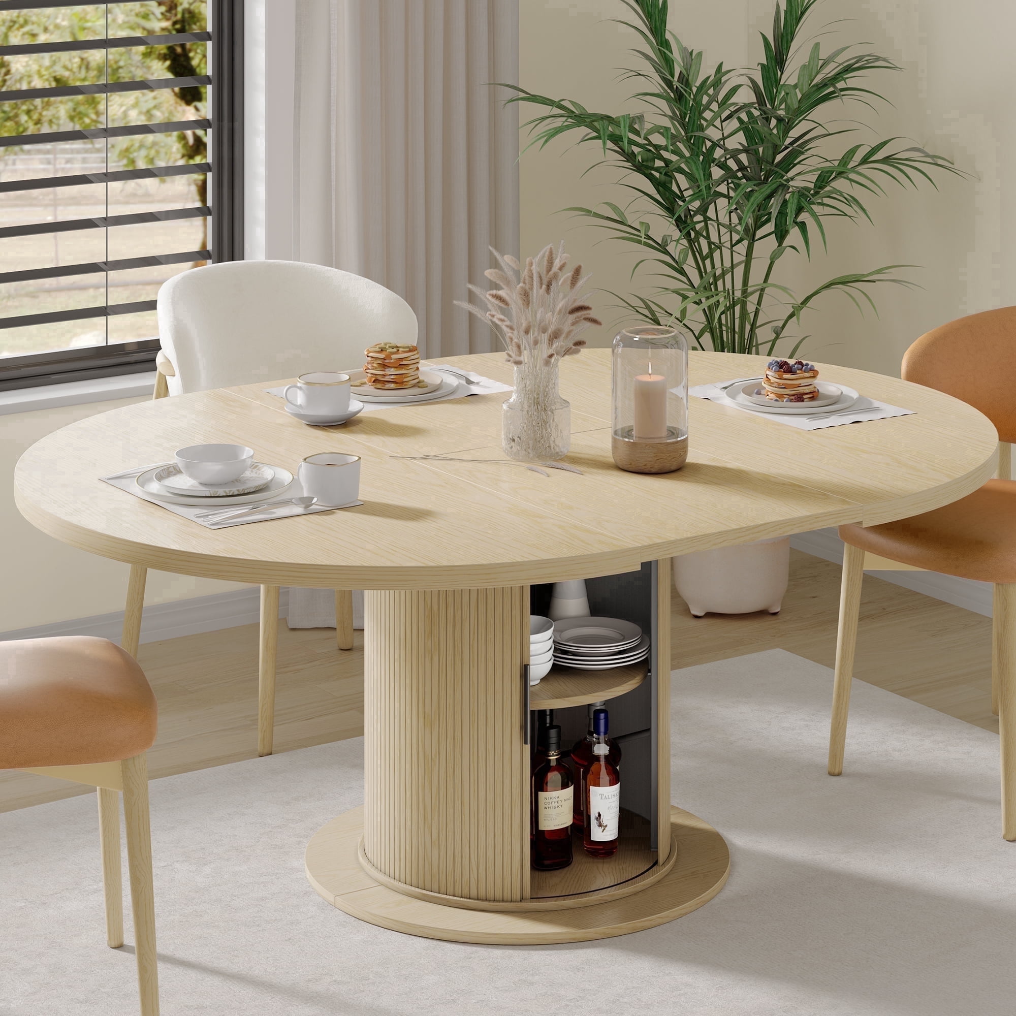 Round Dining Table for 4-8, Extendable Kitchen Dining Room Table 47"-63" With Storage, Mid Century Modern Oval Wood Dinner Table, Natural Oak