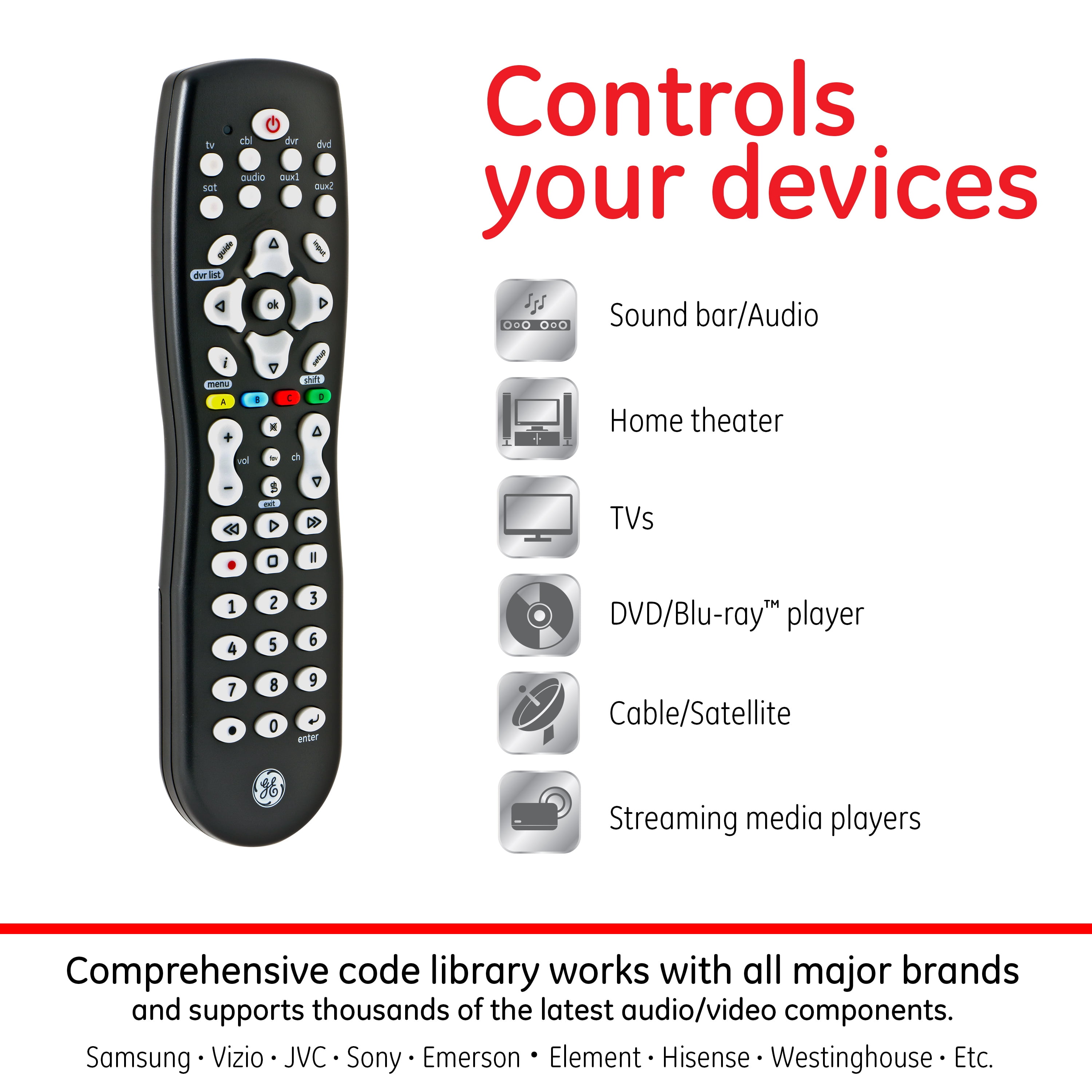 GE 8-Device Universal TV Remote Control in Black, 33715