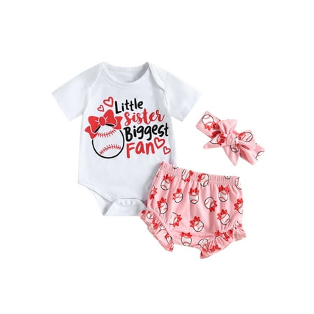 

Qtinghua Newborn Baby Girl Baseball Outfit Little Sister Biggest Fan Print Romper Ruffle Shorts Headband Summer Clothes Pink 9-12 Months