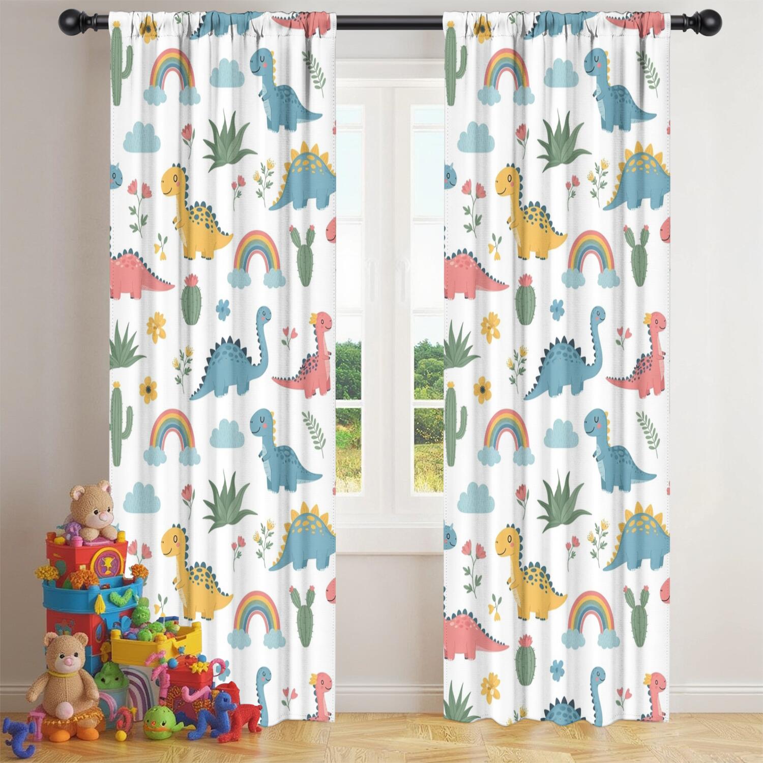 Blackout Kids Curtains,White Dinosaurs Rainbows Plants Pattern Childrens Insulated Curtains Set Of 2,Bedroom Essentials,Toddler Room Decor 42"x84"