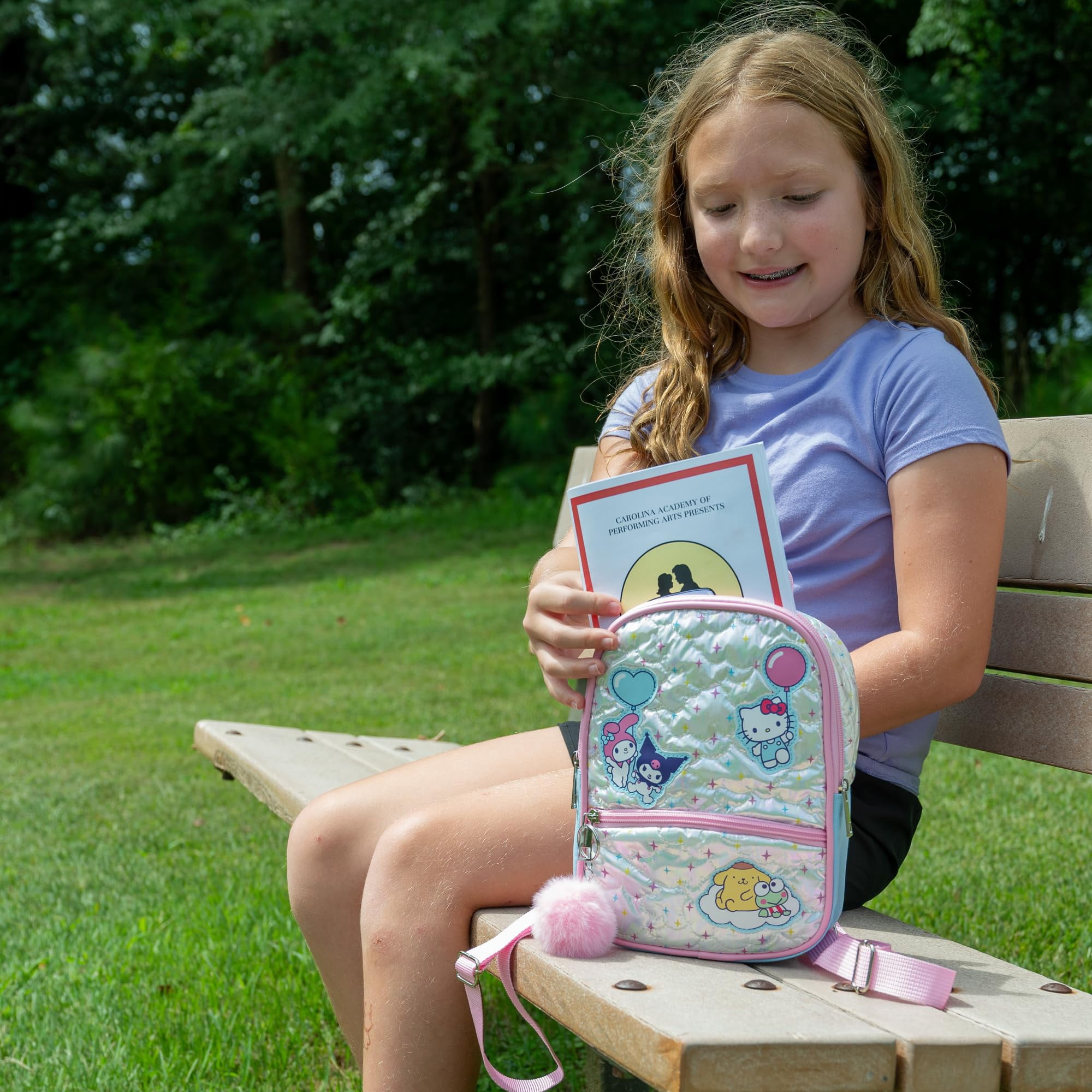 Hello Kitty & Friends 9” Micro Mini Backpack Purse Featuring Sanrio Character Patches, Quilting & Pompom Dangle, Iridescent