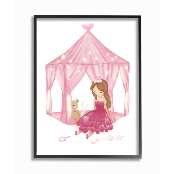 Stupell Industries Girl's Playroom Princess Doll Stuffed Animal Illustration Framed Wall Art Design by Ziwei Li, 11" x 14", Black Framed