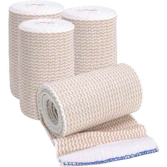 Elastic Bandage Wrap, 4 in x 15 ft Stretch, Hook & Loop Reusable Body Compression Bandage Wrap for Wrists, Elbow, Knees, Ankles & Feet (4)