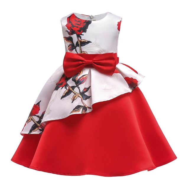 Penkiiy Robes pour Filles, Robes en Tulle pour Tout-Petites, Imprimé de Fleurs, Nœud, Volants, Robe de Fête d'Anniversaire, Longues Robes, Robes de Fête Rouges, Robes de Mariage pour 8-9 Ans