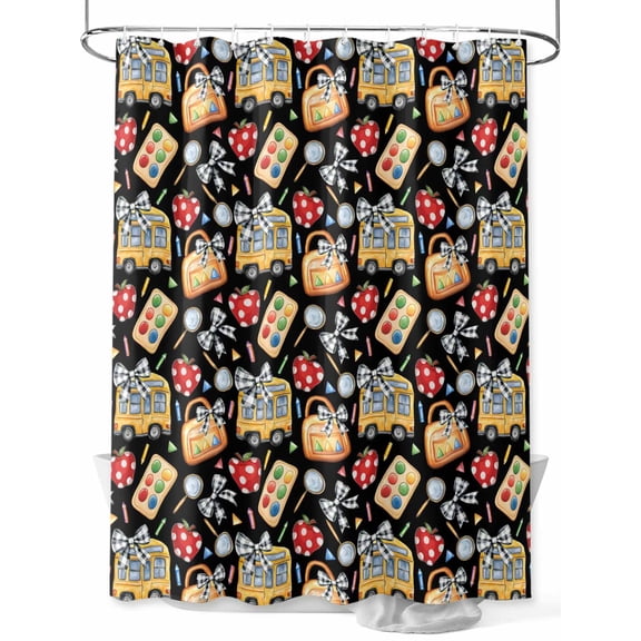 Shower Curtain School Bus Campus Bathroom Curtains with Hooks, Waterproof Fabric Bow Bag Magnifier Building Blocks Black Bath Shower Curtains Set for Bathroom Bathtubs Decor 36x72 Inch