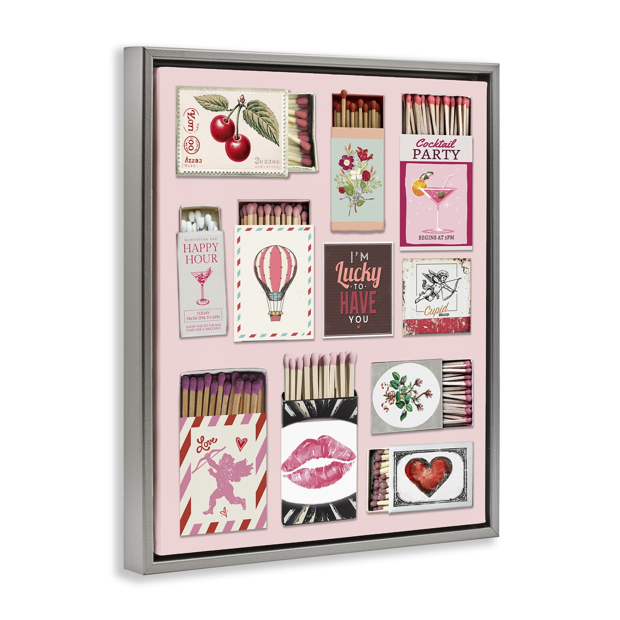 Stupell Industries Vintage Romantic Matchbox Collection Gray Framed Floater Canvas Wall Art, design by CAD Designs