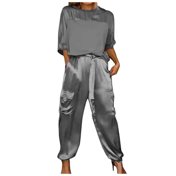 Conjunto de pijama de mujer con top de manga media y pantalones de satén suave - Poliéster spandex, estampado, para todas las estaciones - S-XXXXXL