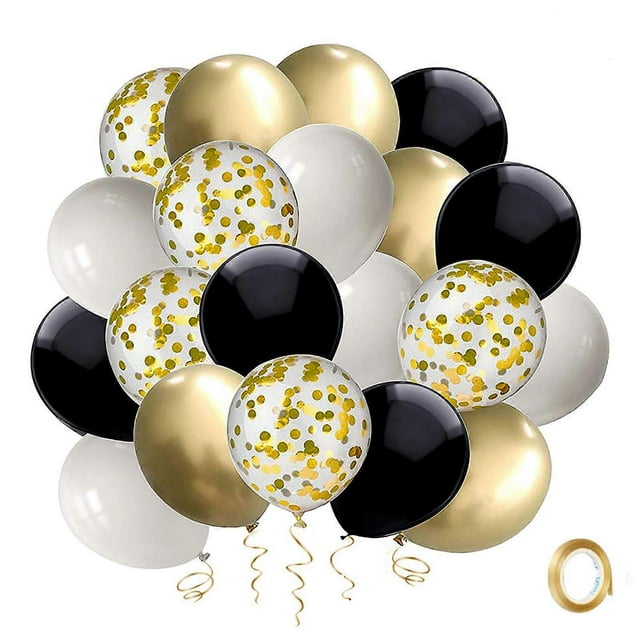 Black and Gold Confetti Balloons, 50 Pack 12inch Latex White Party Balloon Set with Gold Ribbon_Perfect Gift