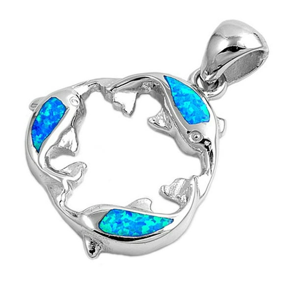 Loop Triple Dolphin Hoop Pendant Blue Simulated Opal .925 Sterling Silver Charm Jewelry Female
