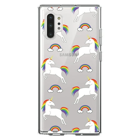 DistinctInk Clear Shockproof Hybrid Case for Galaxy Note 10 PLUS (6.8" Screen) - TPU Bumper, Acrylic Back, Tempered Glass Screen Protector - Rainbows & Unicorns