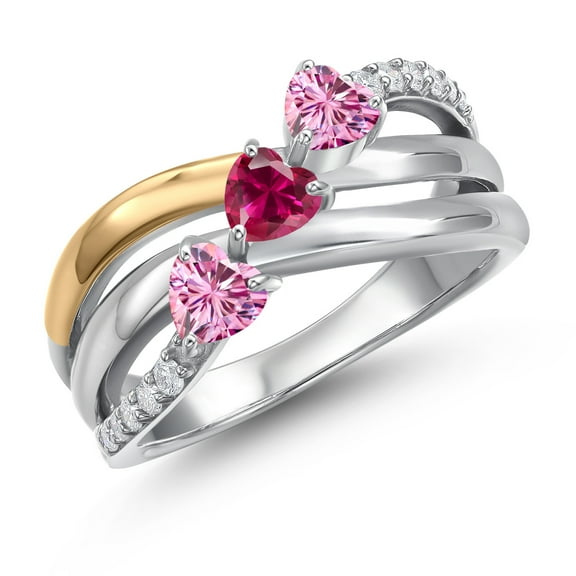 Gem Stone King 925 Silver and 10K Yellow Gold Pink Moissanite and Red Created Ruby and Lab Grown Diamond Engagement Ring for Women | 0.89 Cttw | Heart Shape Gemstone Birthstone | Size 5