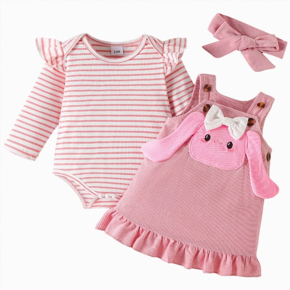 NOLDARES Baby Girls Christmas Outfits Long Sleeve Onesie Romper Suspender Skirt Set Headband 3Pcs Fall Winter Clothes(Pink,6-9 M)