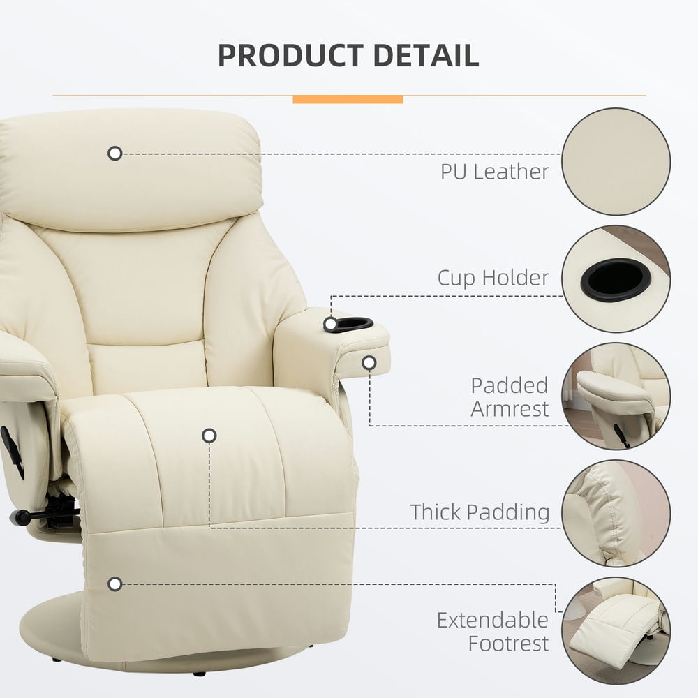 Demi Bonn Faux Leather Manual Recliner, Adjustable Swivel Lounge Chair with Footrest, Cup Holder for Living Room, White