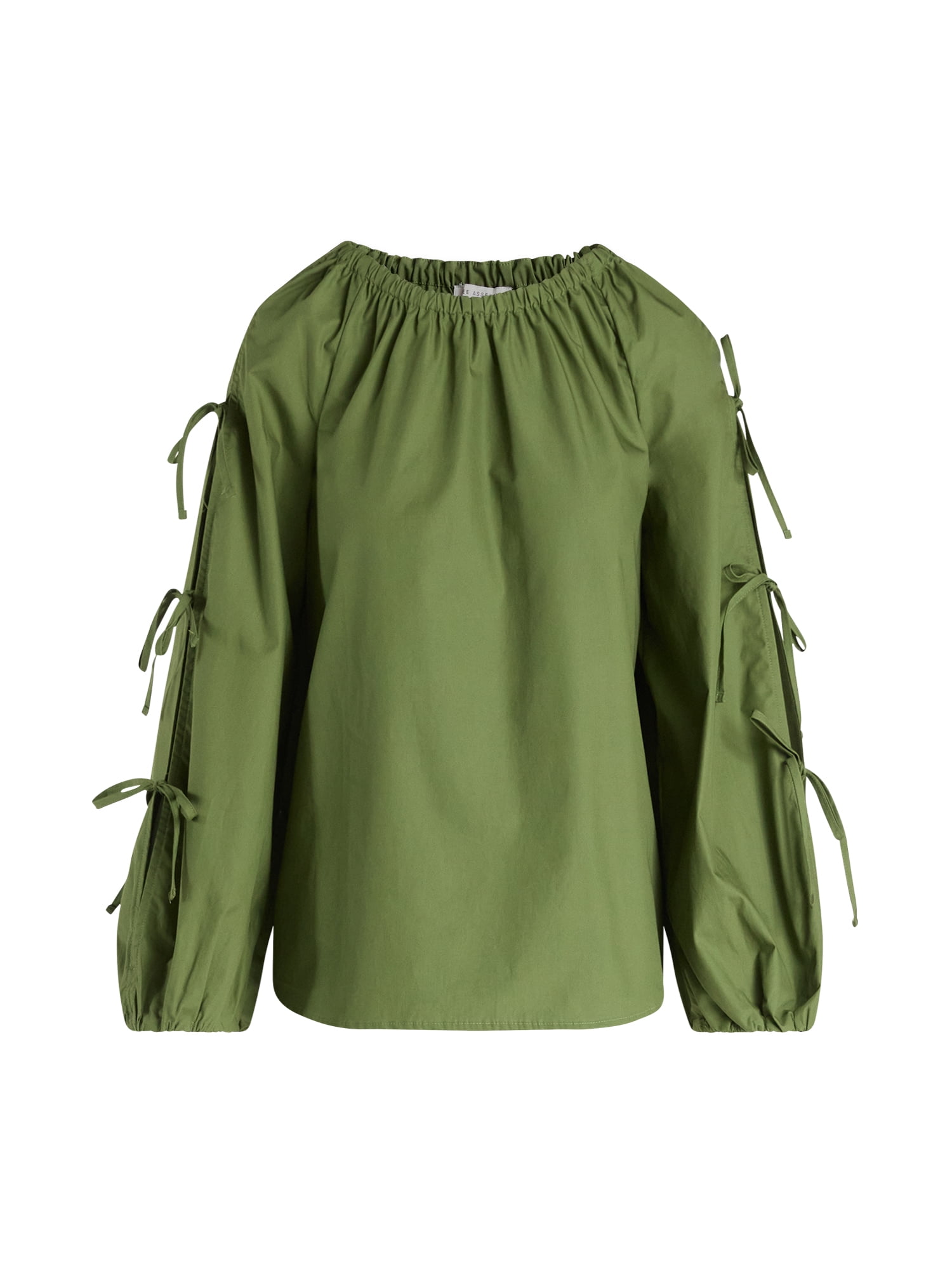 Free Assembly Women's and Women's Plus Gathered Neck Cotton Top with Long Tie Sleeves, Sizes XS-4X