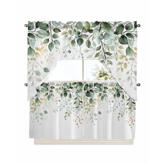 Eucalyptus Leaf Kitchen Curtain and Valance Set 3 Pieces, Rod Pocket Short Tier Curtains 24 Inch Length, Weeping Green Botanical Summer Swag Topper Small Window Treatment for Cafe Bathroom Bedroom