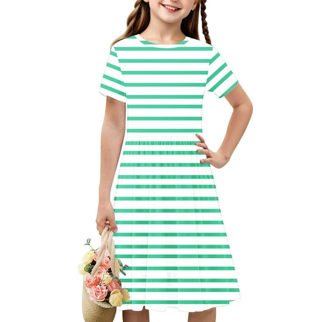 Soldes de Liquidation Aujourd'hui Offres Iumwxz Robe Décontractée Trapèze Robe Tunique pour Adolescentes Robes Col Rond à Rayures Graphique Robe à Manches Courtes pour Enfants Robes Sport pour Vacances 4-14a