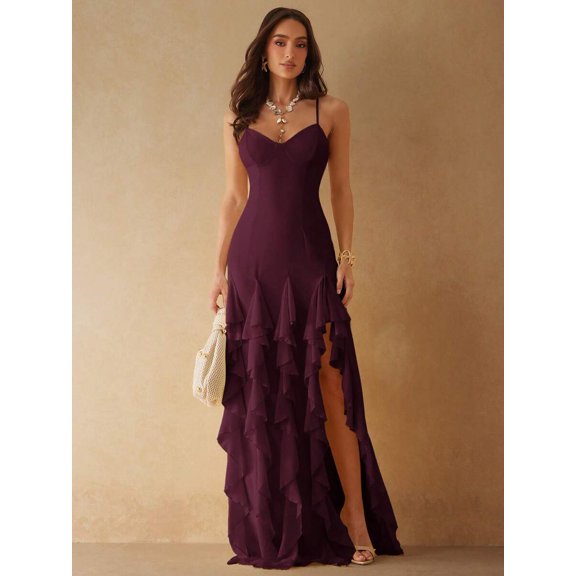 Maroon Sweetheart Neck Ruffle Maxi Dress With High Slit For Evening Party
