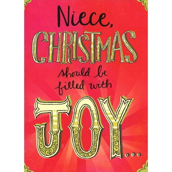 Designer Greetings Filled with Joy: Green and White Letters on Red Humorous / Funny Christmas Card for Niece
