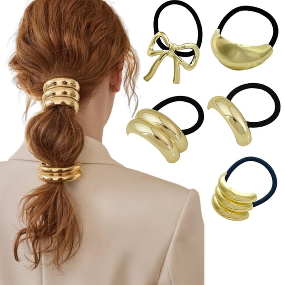 TUWAFE 5 Pcs Hair Tie Metal Geometric Gold Hair Ties Stretchy Elastic Bands for Women Hair Ponytail Hair Styling Accessories