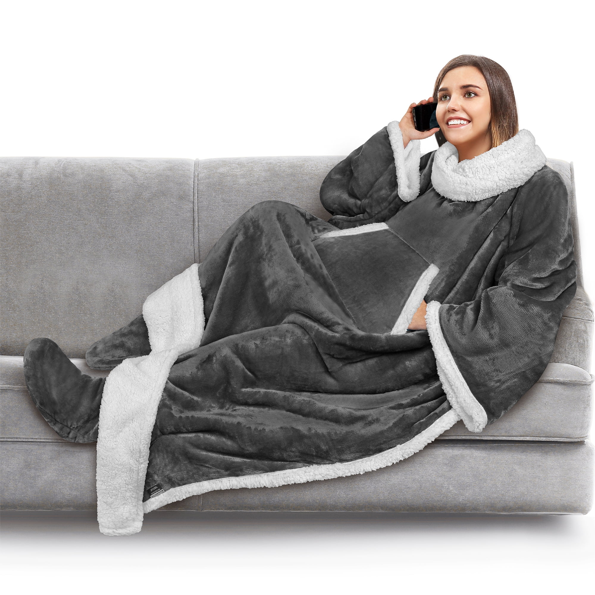 PAVILIA Sherpa Blanket with Sleeves and Foot Pocket Women Men Adult, Fleece Wearable Blanket