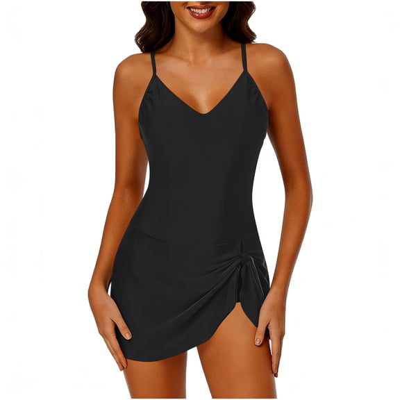 Tsesme One Piece Swimdress for Women V-Neck Halter Swim Dress Slimming Side Drawstring Skirted Bathing Suits