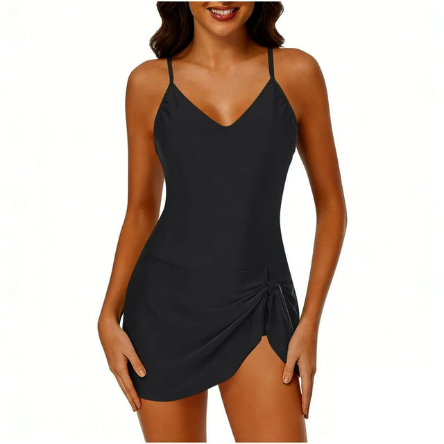 Women's Tummy Control Swim Dress, Crewneck Color Block Mesh Patchwork One Piece Skirted Slim Fit Modest Bathing Suit,Black,S