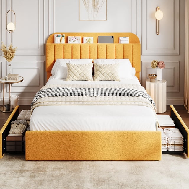 PIONEERWORKS Full Bed Frame with Storage Headboard, Boucle Upholstered Platform Bed with Bookcase & 2 Drawers, No Box Spring Needed, Easy Assembly, Yellow