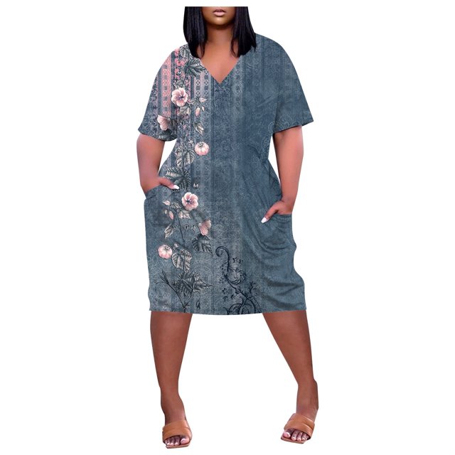 asddcavvf Robes pour Femmes Grande Taille Imprimé Floral Col en V Confortable Robe Ample Courte Sle