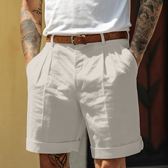 Men's High Waist Casual Business Shorts Pleated Front Cotton Linen Blend Summer Lightweight Breathable Rolled Cuff Shorts with Side Pockets Light Gray S