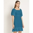 thumbnail image 3 of Moomaya Solid Square Neck Sheath Dress, Puff Sleeve Short Ruffle Hem Dress, 3 of 8