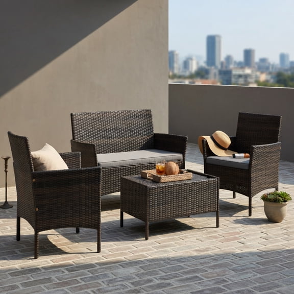 Hommoo 4-Piece Outdoor Rattan Patio Conversation Set, PE Wicker Loveseat & Chairs with Removable Cushions & Tempered Glass Coffee Table, Gray