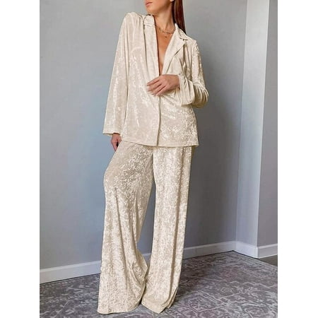 

QWZNDZGR Hiloc Velvet Sleepwear Long Sleeve Women Sets Lapel Nightwear Women s Pajamas Knitting Trouser Suits Single Breasted Home Suit