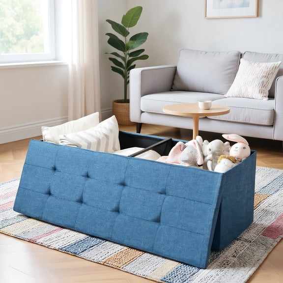 YYAo Storage Bench, Bedroom Bed Bench Ottoman,Fabric Folding Storage with Divider Bed End Bench-Navy
