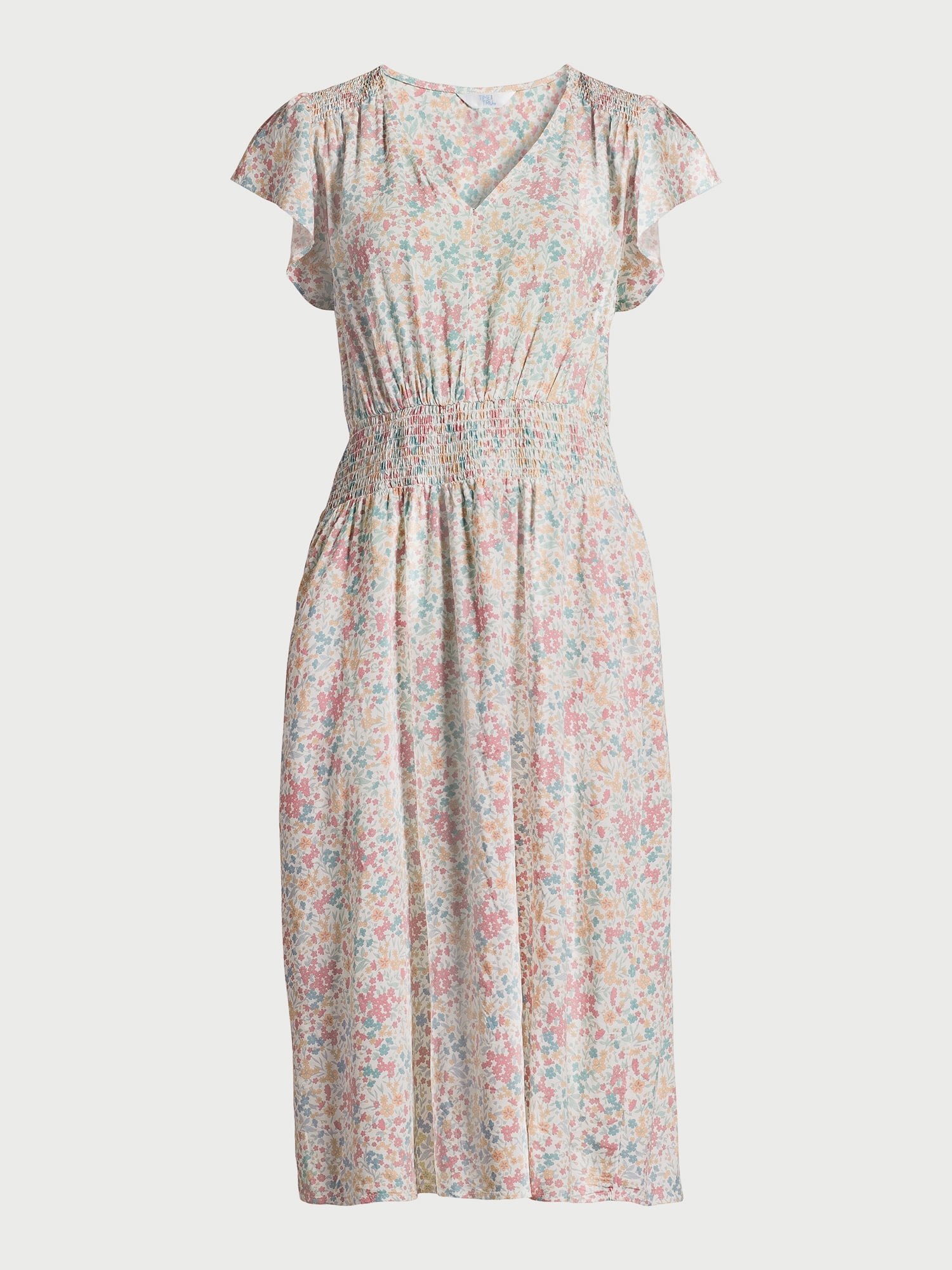 Time and Tru Women’s Smocked Waist Midi Dress with Short Sleeves, Sizes XS-XXXL