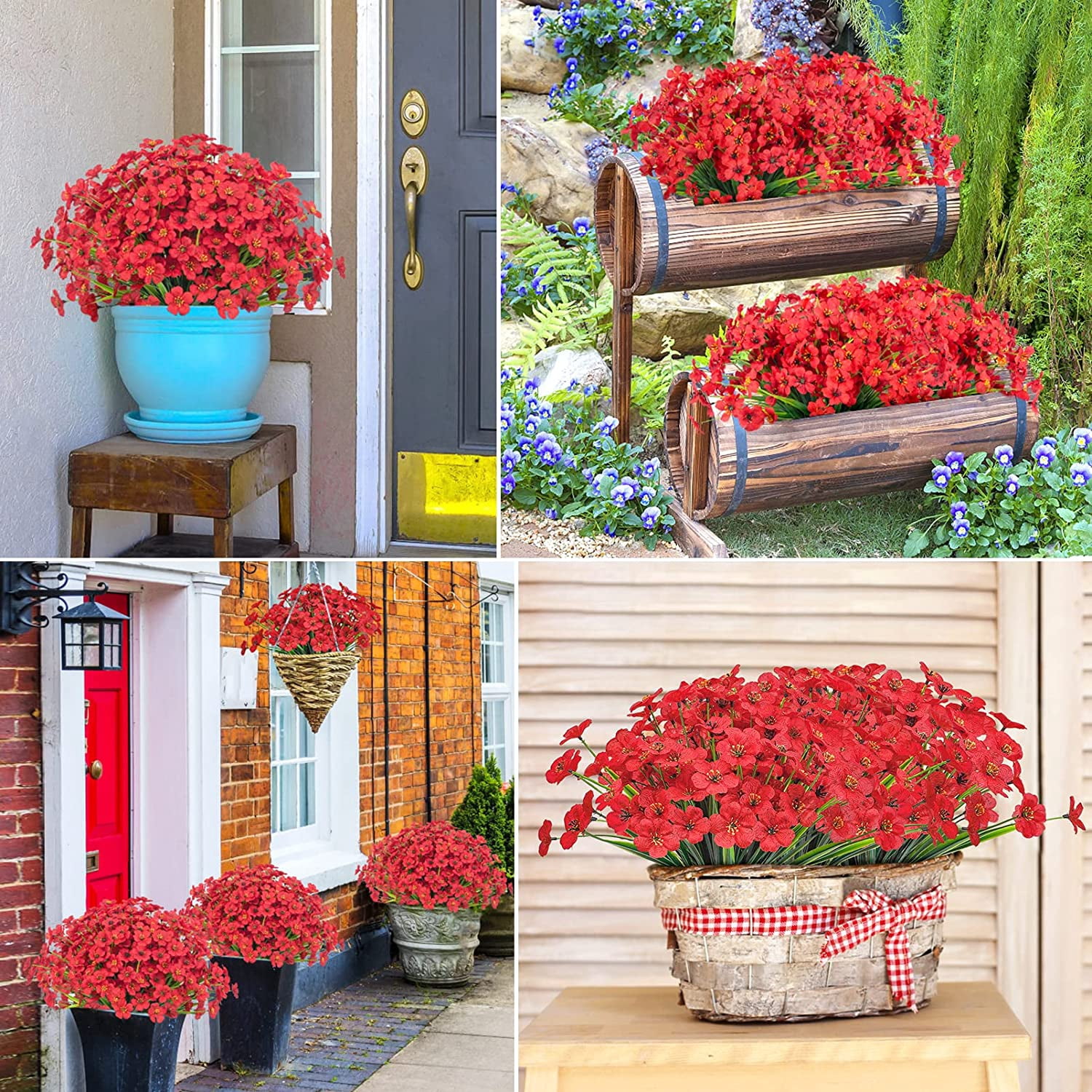Artificial Flowers for Outdoors Faux Plastic Plants Fake Flowers UV Resistant Greenery Shrubs for Garden Porch Home Window Box Decor (Red)