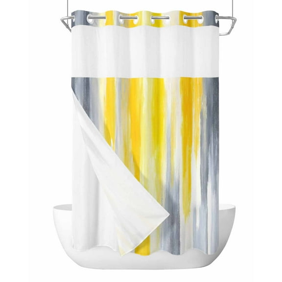 No Hook Cloth Fabric Shower Curtain with Snap in Liner, Yellow Gray White Waterproof Shower Curtains Set with See Through Top Window, Farmhouse Gradient Abstract Art Bath Curtains Shower 36"x72"