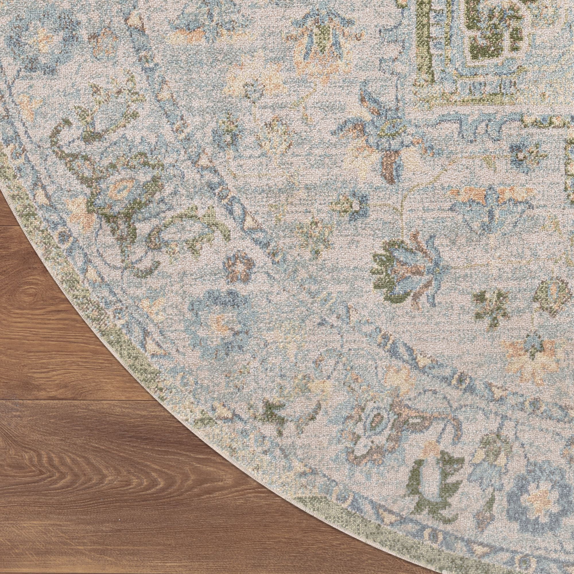 Nourison Astra Machine Washable 5'3" x Round Blue Green Vintage Indoor Flatweave Rug